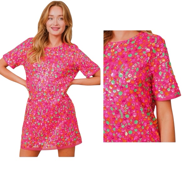 blue b Dresses & Skirts - NEW blue b Hot Pink Orange Green Allover Flower Shaped Sequin Tulle Mini Dress S